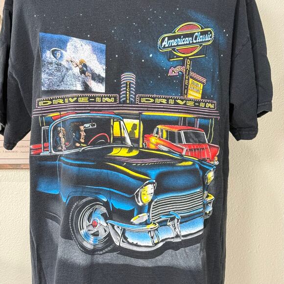Vintage 90s Y2k Drive In American Classic Cars Black Graphic T-Shirt Retro XL - Picture 2 of 5